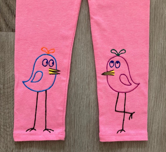 Toddler Birds Leggings, Hand Painted Kids Spring Pants, Children