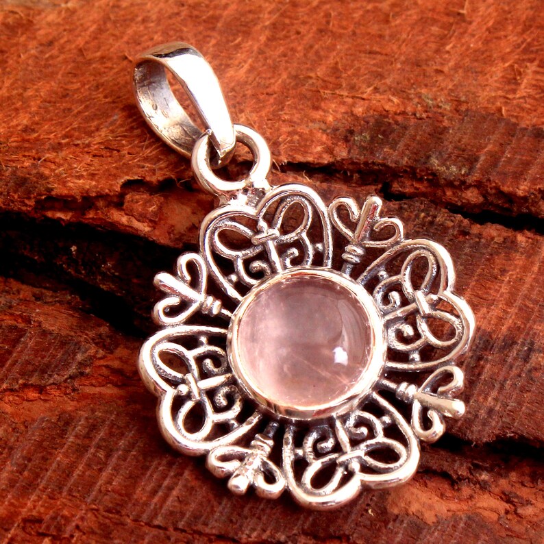 925 Sterling Silver Rose Quartz Gemstone Pendant, Designer Pendant