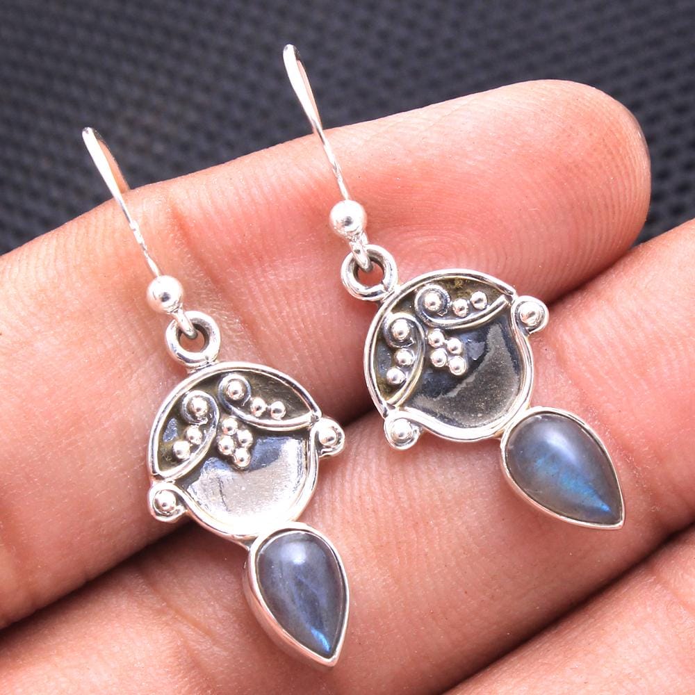 Orecchini Pendenti In Argento 925 Con Labradorite Naturale Blu Fuoco - Fatti A Mano Dall'India