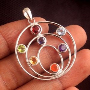 Faceted 7 Round Shape Gemstone Chakra Pendant For Sale - 925 Sterling Silver Handmade Designer Pendant Jewelry Length 1.7&quot;