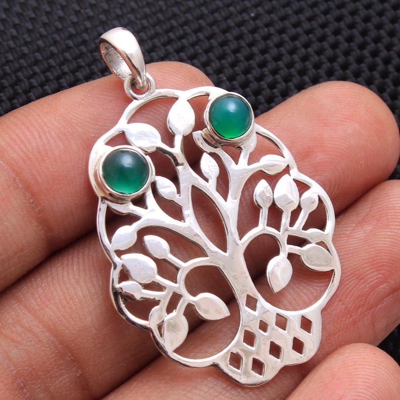 svp5021 925 Sterling Silver Hand Made Designer Pendant Jewelry Length 1.6 Tree Of Life Handmade Green Onyx Round Gemstone Pendant
