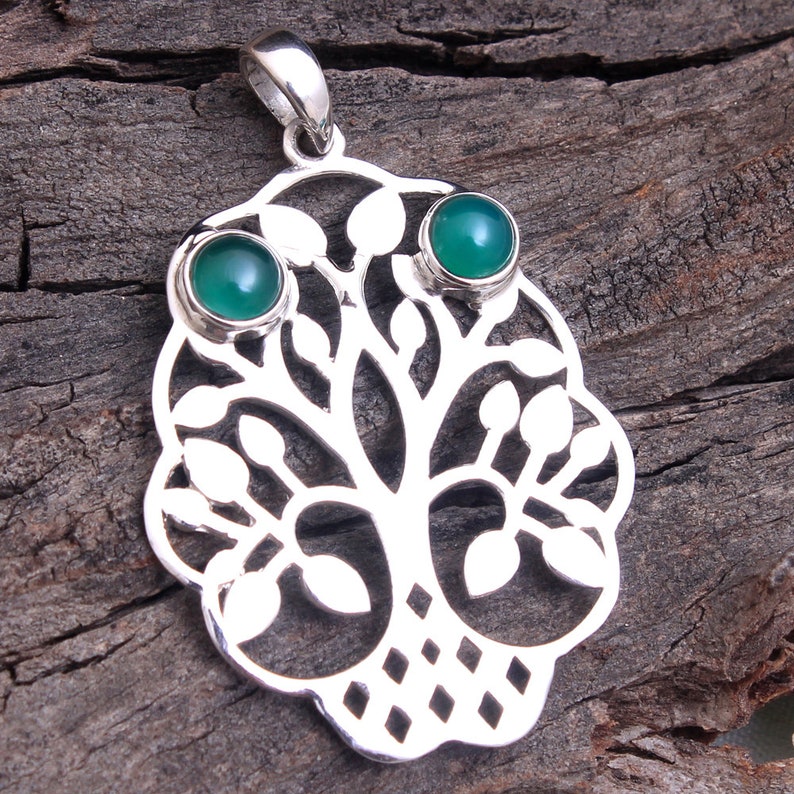 svp5021 925 Sterling Silver Hand Made Designer Pendant Jewelry Length 1.6 Tree Of Life Handmade Green Onyx Round Gemstone Pendant