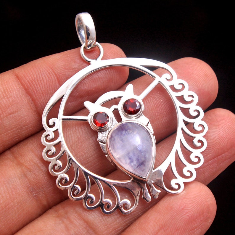 Moonstone Garnet Gemstone Owl Pendant For Valentine/'s Day 925 Sterling Silver Handmade Designer Pendant Jewelry Length 1.8 svp7827