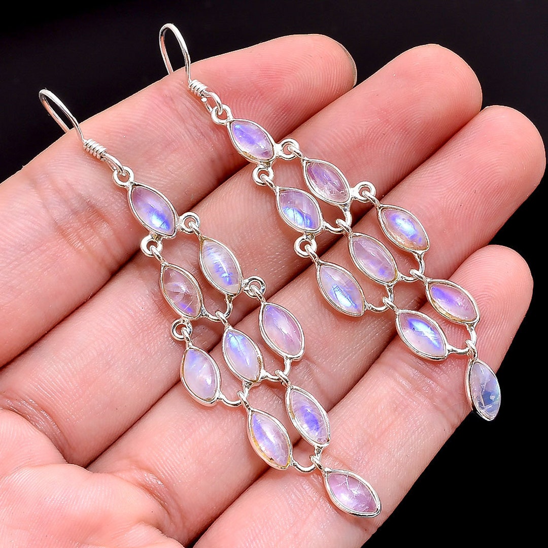 Moonstone Gemstone Earrings, Chandelier Earring, Handmade Jewelry, 925