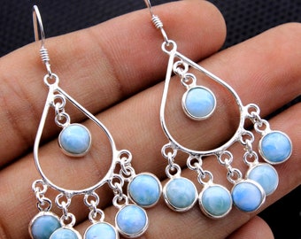 Larimar Earring, Chandelier Earring, Sterling Silver Earring, Handmade Jewelry, Silver Earring, Gifts For Her, Multi Stone