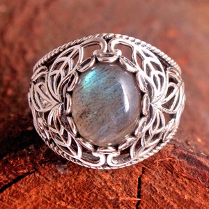 Labradorite Gemstone Ring, 925 Sterling Silver, Bohemian Ring, Filigree Designer Ring, Birthstone Ring, Halloween Gift