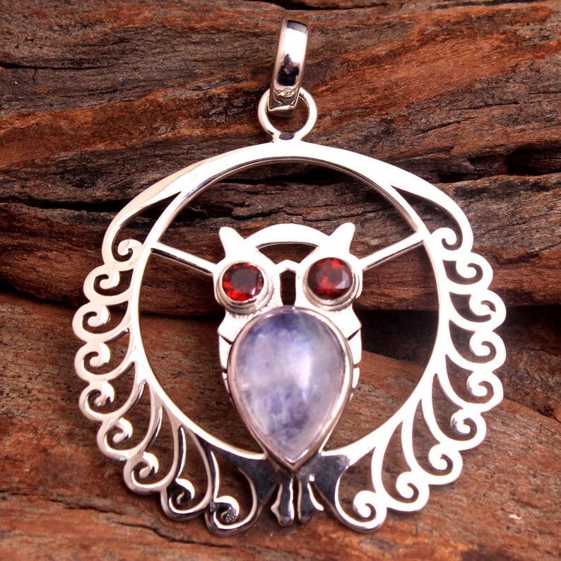 Moonstone Garnet Gemstone Owl Pendant For Valentine/'s Day 925 Sterling Silver Handmade Designer Pendant Jewelry Length 1.8 svp7827