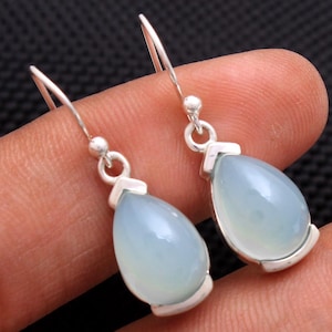 925 Sterling Silver Aqua Chalcedony Gemstone Women Birthstone Earring, Valentine Gift, Handmade Earring
