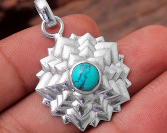 フラワーターコイズペンダント、ハンドメイド925スターリングシルバー
