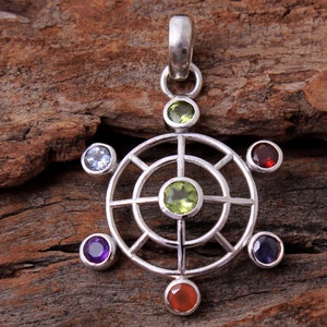 Elegant Faceted 7 Round Shape Gemstone Chakra Healing Pendant - 925 Sterling Silver Handmade Designer Pendant Jewelry Length 1.7&quot; - svp6461