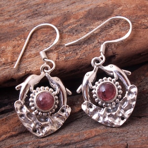 Handmade Sterling Silver Tourmaline Fish Earrings: Designer Dangle Jewelry