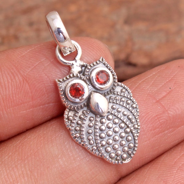 Solid 925 Sterling Silver Owl Pendant, Garnet Peridot Gemstone Pendant, Animal Jewelry, Bridesmaid Gift