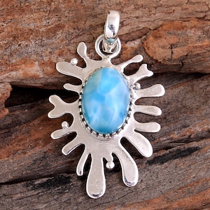 925 Silver Pendant, Larimar Pendant, Designer Pendant, Crystal Healing, Anniversary Gift, Silver Jewelry, Labor Day