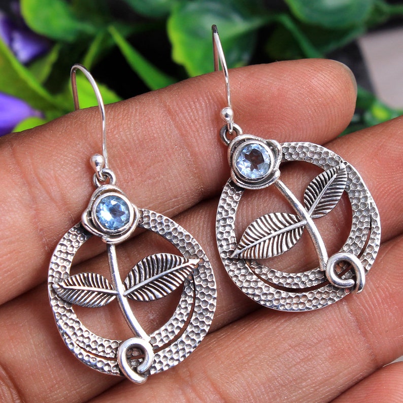 Faceted Blue Topaz Round Shape Gemstone Earring For Sale sve5349 925 Sterling Silver Designer Handmade Earring Jewelry Length 1.6
