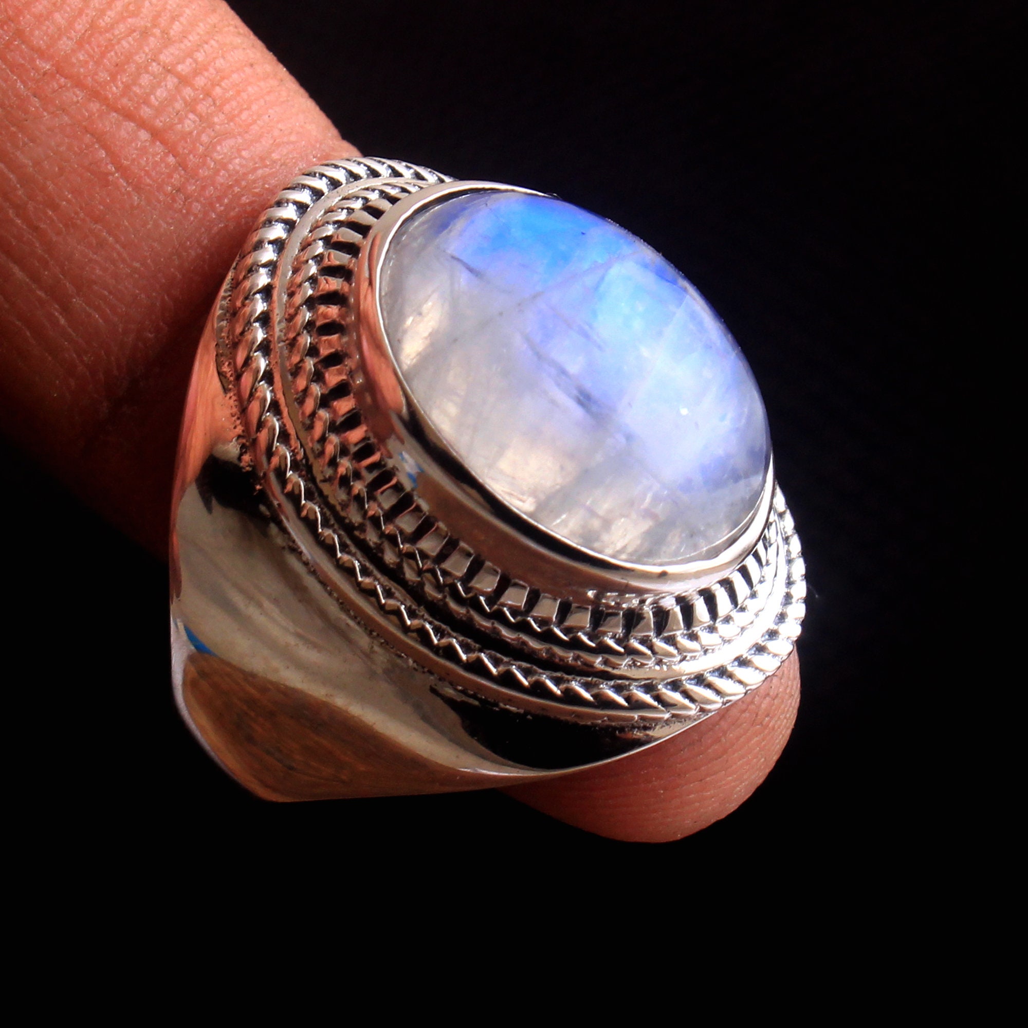 Vintage Moonstone Ring Silver Plated Trendy Moon Design Band - Temu