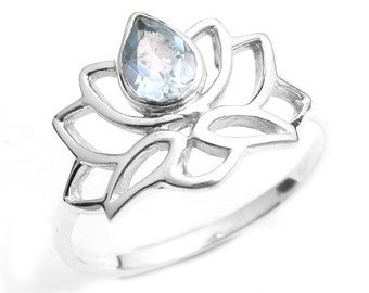Blue Topaz Ring, Lotus Ring, Designer Ring, Unique Ring, Gift For Her, 925 Silver Ring, Wedding Ring, Mom Gift Ring Size 8