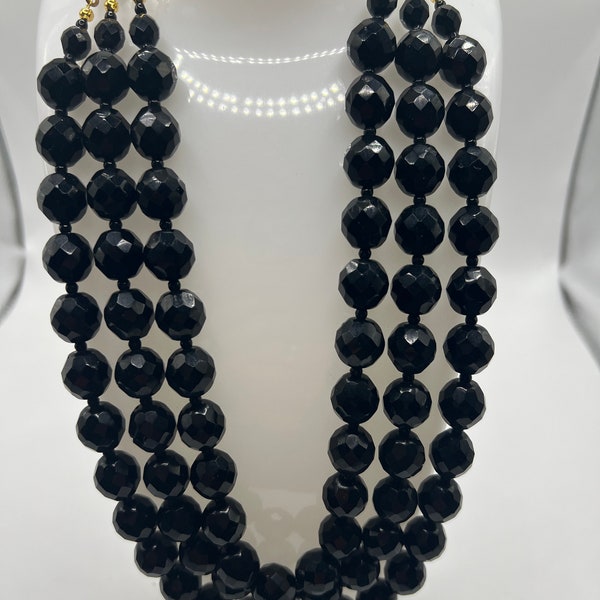 Miriam Haskell signed Triple Jet Black Faceted Glass Beaded Necklace