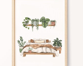 Botanical Bedroom Watercolor Art Print: Serene Bed Decor (Digital Download)