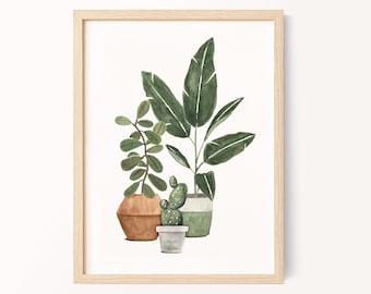 Watercolor Potted Plants Print: Rubber Tree, Bird of Paradise, Cactus (Digital Download)