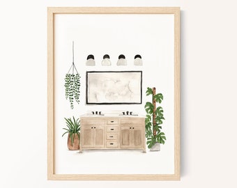 Sink Plants Watercolor Painting Print: Bathroom Wall Art