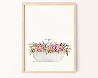 Bathtub Flowers Watercolor Print, Floral Watercolor Painting, Colorful Wall Art, Botanical Bathroom Decor, floral wall art