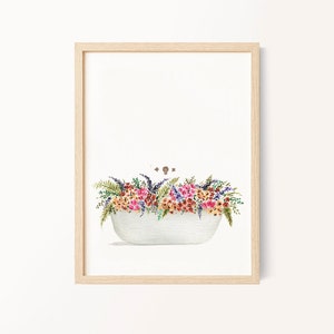 Bathtub Flowers Watercolor Print, Floral Watercolor Painting, Colorful Wall Art, Botanical Bathroom Decor, floral wall art