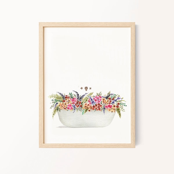 Bathtub Flowers Watercolor Print, Printable Floral Watercolor Painting, Wall Art, Botanical Bathroom Decor, Digital Download