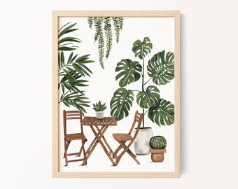 Cafe Art Print, Coffee Shop Painting, Tropical Plant Watercolor Painting, Botanical Art, Watercolor Print, Monstera Plant, Kitchen Art