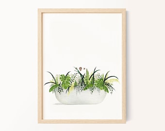 Bathtub Plants Watercolor Print, Watercolor Painting, Wall Art, Bathroom Decor