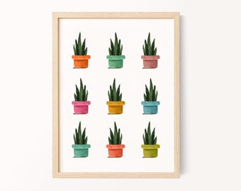 Watercolor Snake Plant Print: Colorful Pots, Boho Home Decor