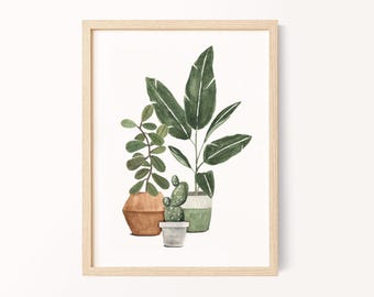 Watercolor Plant Print: Potted Rubber Tree, Cactus, Bird of Paradise