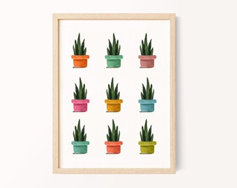 Watercolor Snake Plant Print: Colorful Pots, Boho Wall Art (Digital Download)