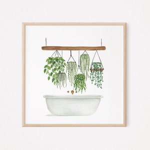 Square Bathtub Hanging Plants Watercolor Print, Original Watercolor Painting, Digital Download, Wall Art, Bathroom Decor
