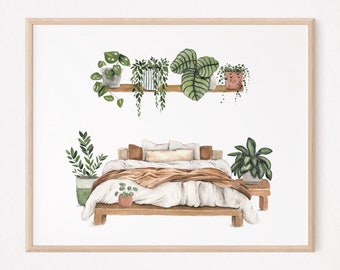 Botanical Bedroom Art Print: Serene Watercolor Landscape