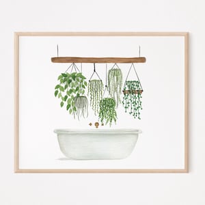 Horizontal Bathtub Hanging Plants Watercolor Print, Original Watercolor Painting, Digital Download, Wall Art, Bathroom Decor