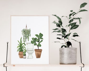Botanical Bathroom Watercolor Print: Toilet & Plants Wall Art