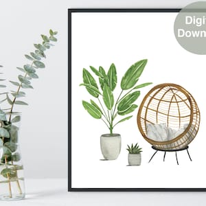 Boho Rattan Chair and Plants Watercolor Print, Comfy Chair, Original Watercolor Painting, Rattan Wall Decor, Digital Download, Wall Art