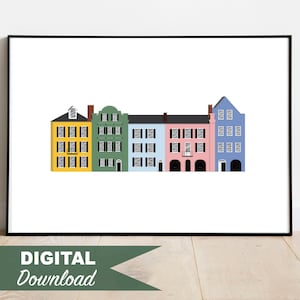 Rainbow Road Art Print, Charleston Decor, Rainbow Row Illustration, Charleston, South Carolina, digital download, digital print