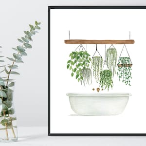 Bathtub Hanging Plants Watercolor Print, Watercolor Painting, Wall Art, Bathroom Decor