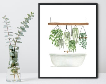 Bathtub Hanging Plants Watercolor Print, Watercolor Painting, Wall Art, Bathroom Decor