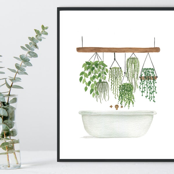 Bathtub Hanging Plants Watercolor Print, Watercolor Painting, Wall Art, Bathroom Decor