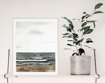 Beach Watercolor Print: Neutral Ocean Painting, Coastal Wall Art (Digital Download)