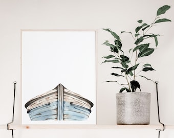 Blue Boat Watercolor Painting: Coastal Nautical Wall Art (Digital Download)