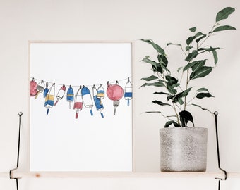 Sailing Art, Lobster Buoy Watercolor Print, Coastal Wall Art