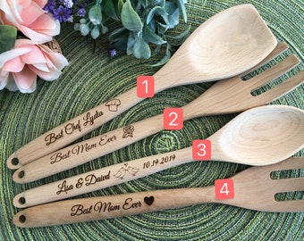 mother's day gift Personalized Laser Engraved wood Spoon/fork/spatula, Home Warming /custom /Bridal shower gifts，Couples gift