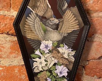 Phoenix and the Flower - mixed media crow print in handmade coffin frame