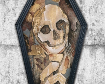 Groeten van gisteren - mixed media reproductie, schedel, kist, skelet