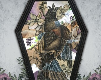 Corvus Mourning - mixed media crow print in handmade coffin frame