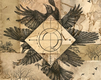 Pinwheel (crow art print, giclée, pen en inkttekening)