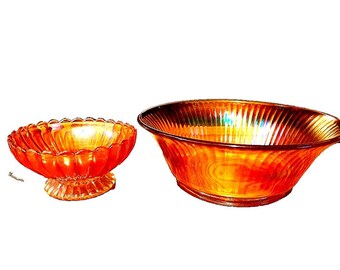 Marigold Iridescent Rainbow Carnival Glass 2 Ribbed 10" & 6" Serving/Candy Bowl